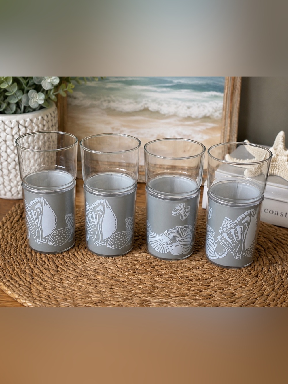 Vintage Kraftware Seashell Tumblers Set of 4 Gray Coastal Nautical MCM Barware